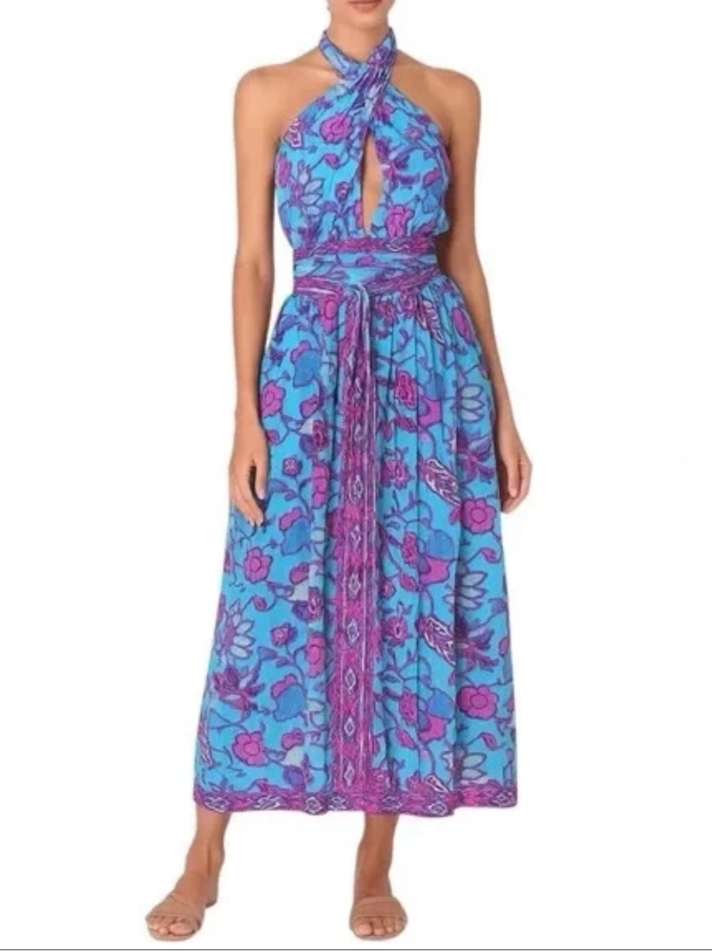 NWT CAROLINE CONSTAS Halter Maxi Dress - TURQUOISE and PINK